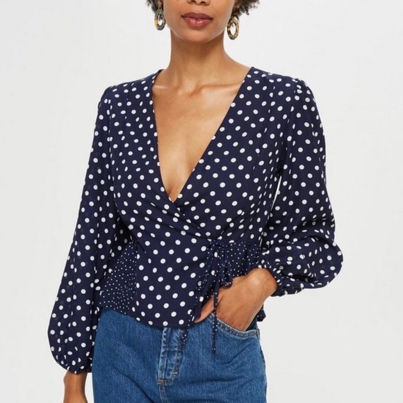 Topshop Navy Blue Mixed Polka Dot Wrap Blouse - Picture 2 of 8